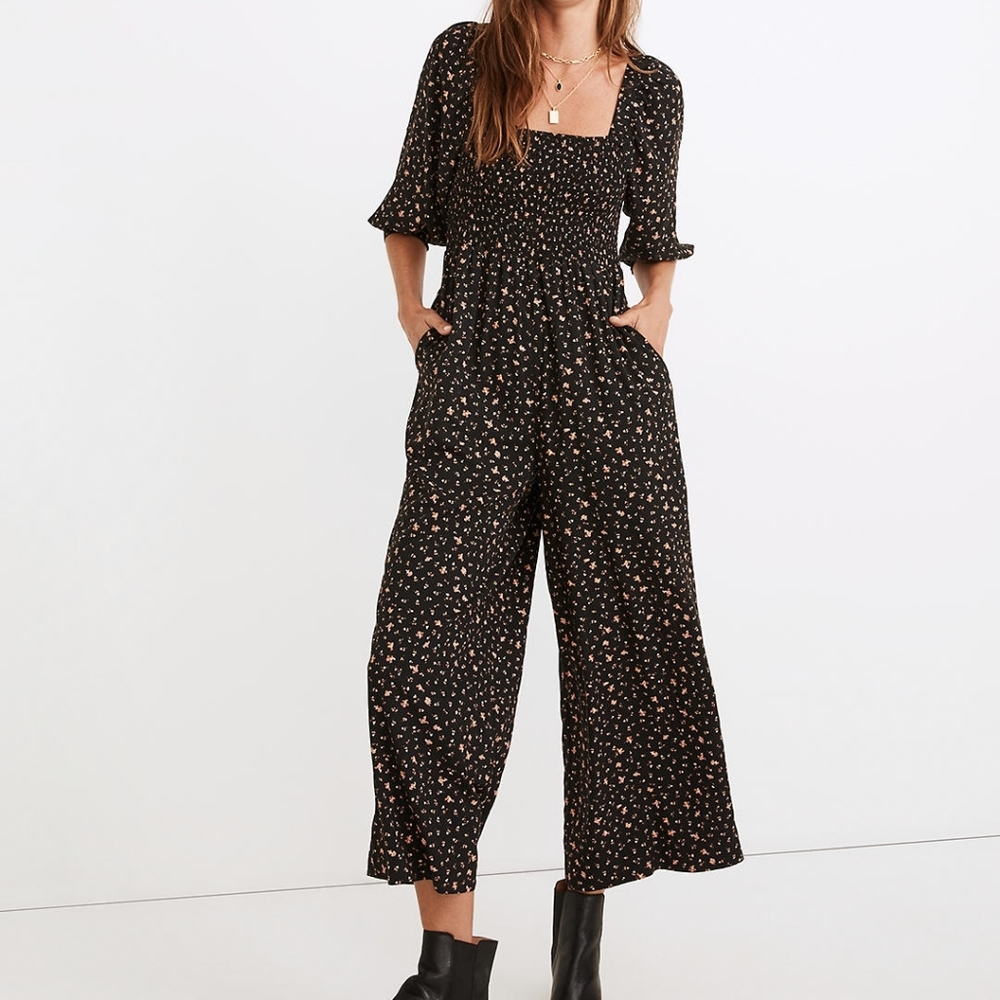 Lucie Elbow-Sleeve Smocked Wide-Leg Jumpsuit in Stem Scatter